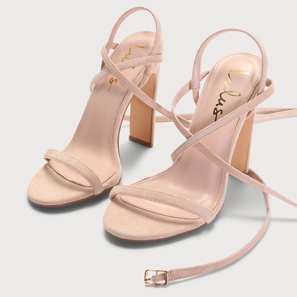 Lulu’s Light Nude Suede Ankle Wrap High Heel Sandals